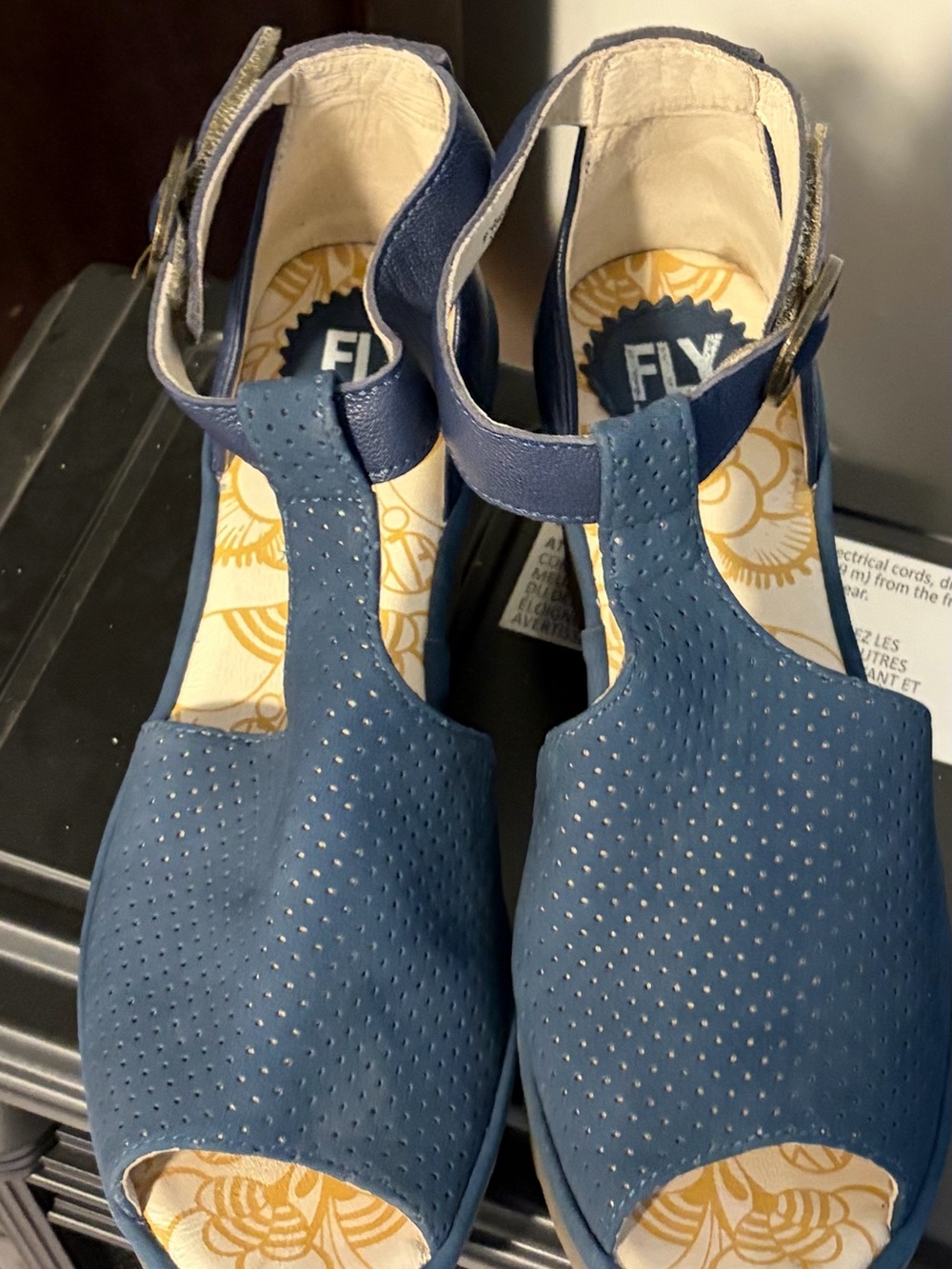 Fly London Blue T-Strap Perforated Peep-Toe Sandals